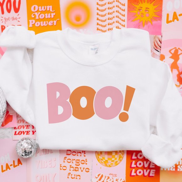 Boo! Bubble Burst Pink and Orange Halloween White Sweatshirt - Picture 2 of 6